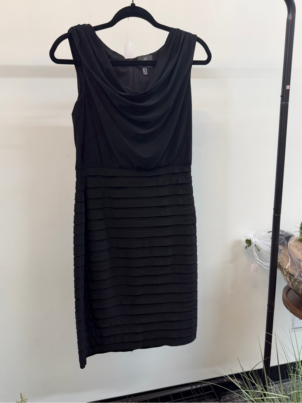 Adrianna Papell Black Sleeveless Cowl Neck Midi Dress with Layered Skirt - Picture 2 of 6